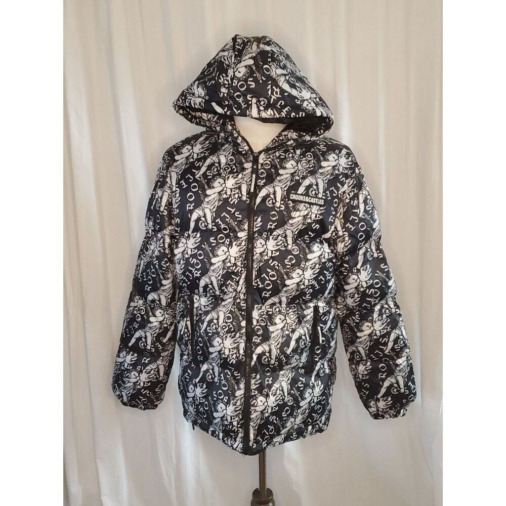 Crooks & Castles Black Full-Zip Hooded Puffer Jacket Coat Men's Medium Y2K